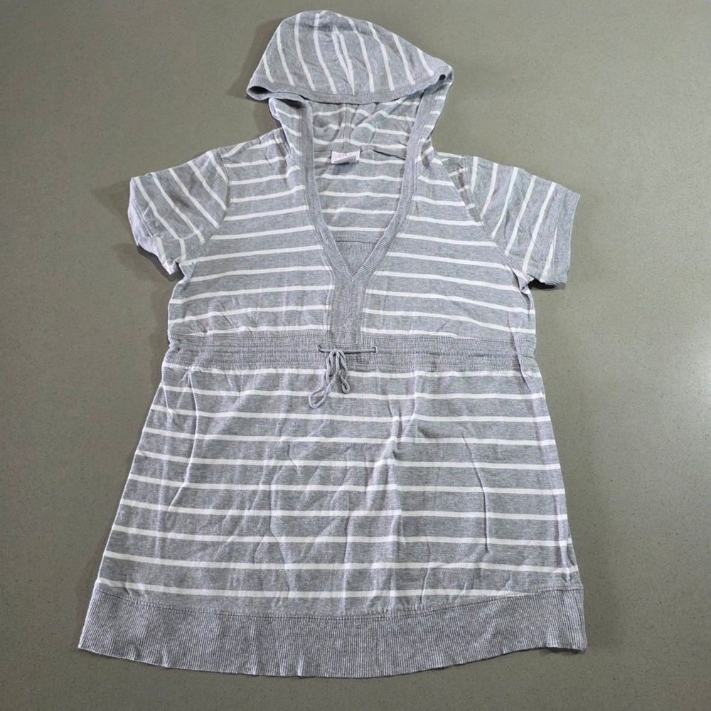 Oh Baby by Motherhood Maternity Striped Hooded Tunic Top Gray White Large